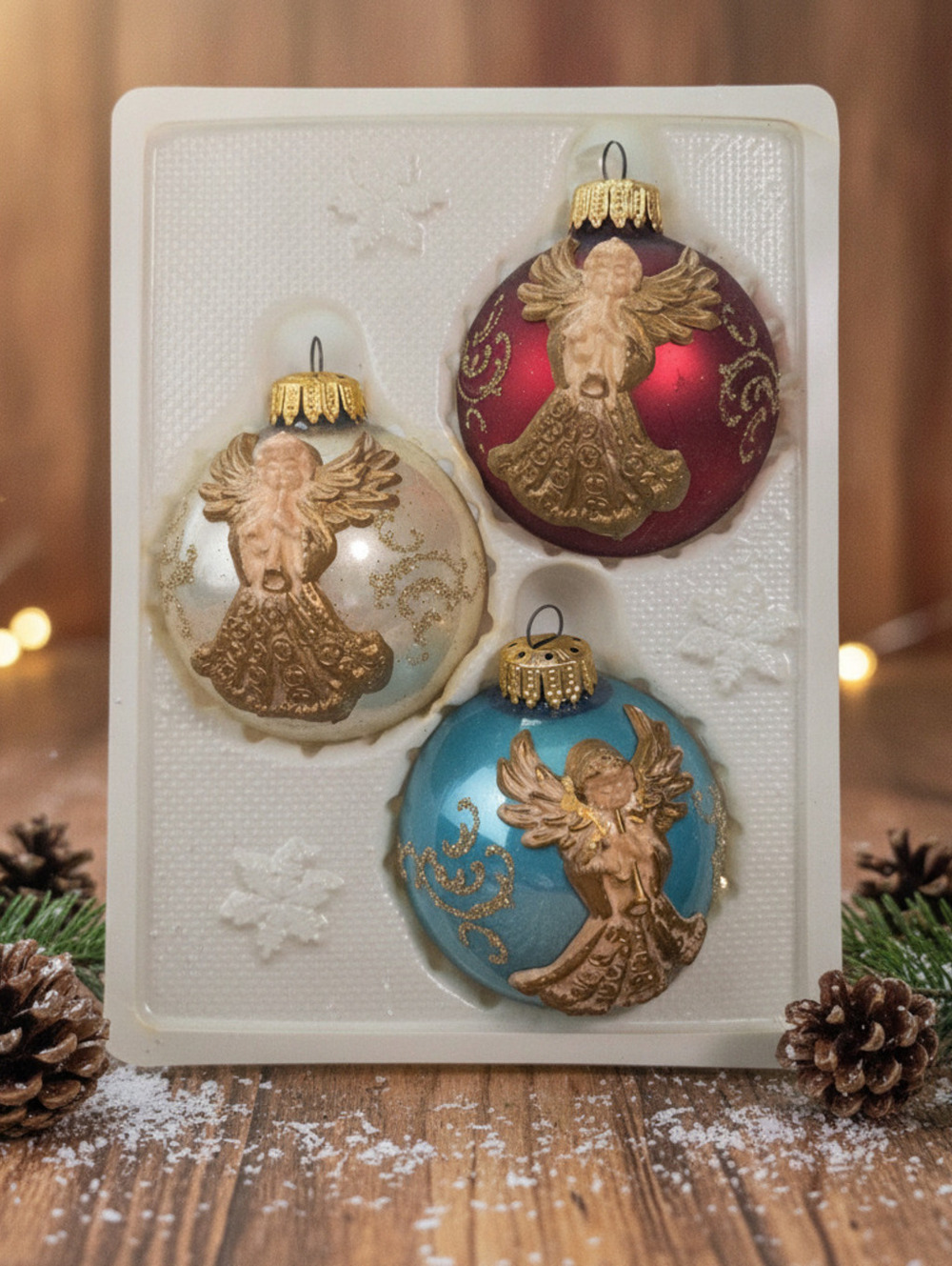 Set of 3 Vintage Tradition Christmas Ornaments with Gold Angel Decorations